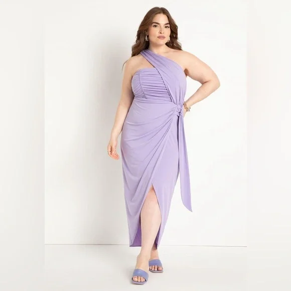 Eloquii Lilac One Shoulder Ruched Wrap Midi Dress Plus Size 22 lavender purple - Picture 1 of 9